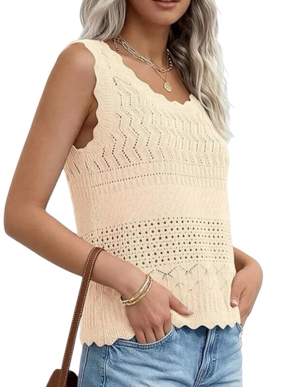 Cream Crochet Knit Sleeveless Tank Top - Picture 5 of 14